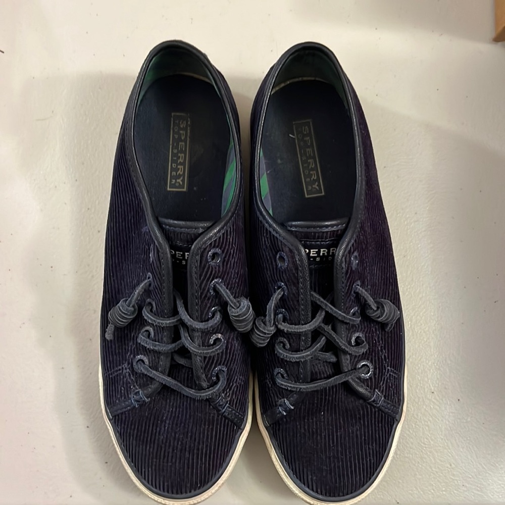 Sperry topsiders for the win. they are navy blue corduroy with navy